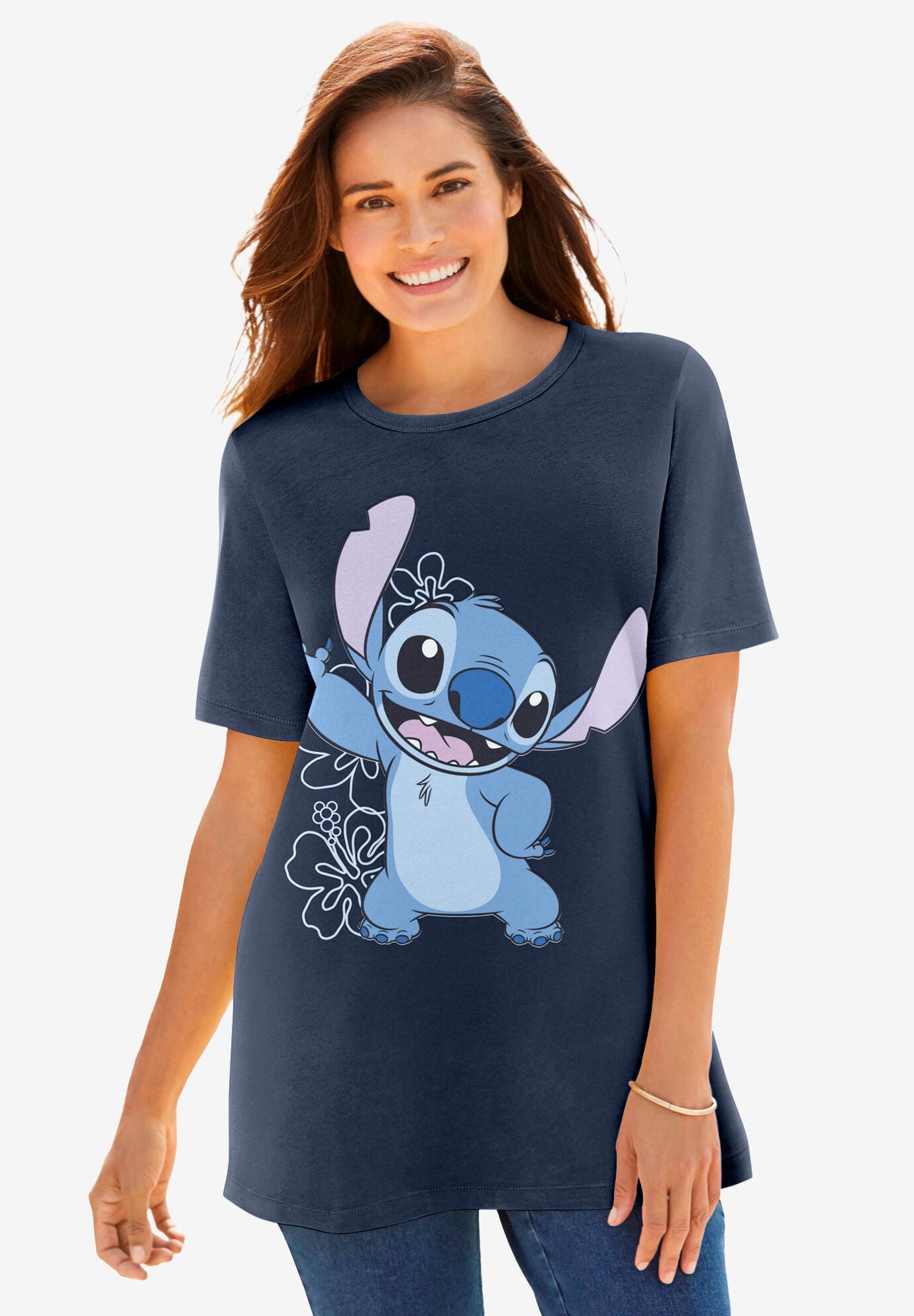 Disney Navy Stitch Flower Crewneck Tee, NAVY STITCH FLOWERS, hi-res image number 0
