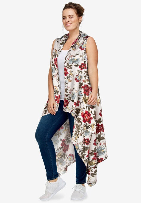 Printed Open Front Duster Vest, IVORY FLORAL, hi-res image number null