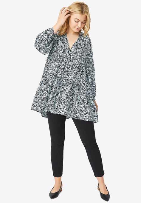 Tiered Tunic With Notch V-Neck, BLACK CLOUD BLUE PRINT, hi-res image number null