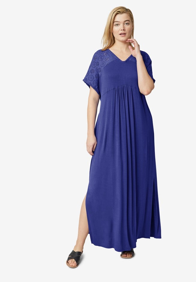 Eyelet Trim Knit Maxi Dress, BLUEBERRY, hi-res image number 0