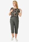 Rib Elastic Waist Linen Capri, OLIVE GREY, hi-res image number null