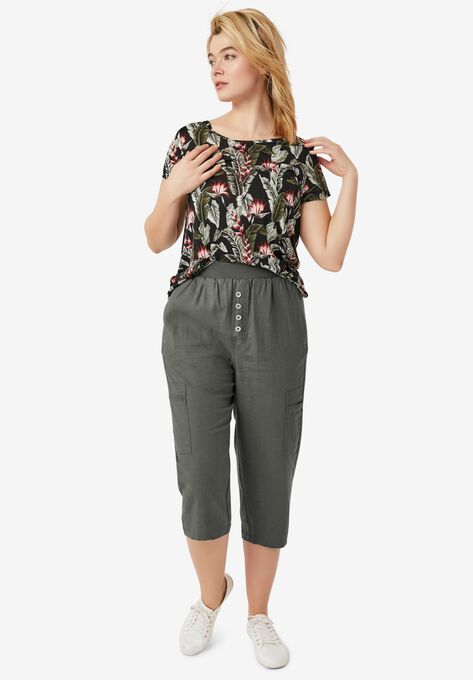 Rib Elastic Waist Linen Capri, OLIVE GREY, hi-res image number null