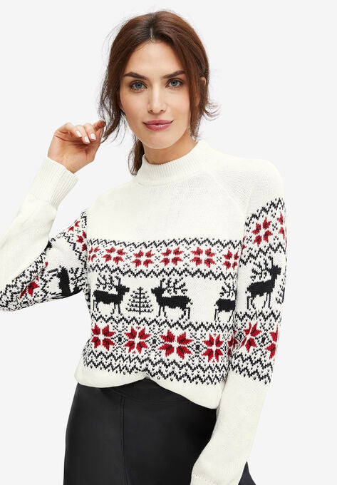 Fair Isle Mock Neck Sweater, IVORY, hi-res image number null