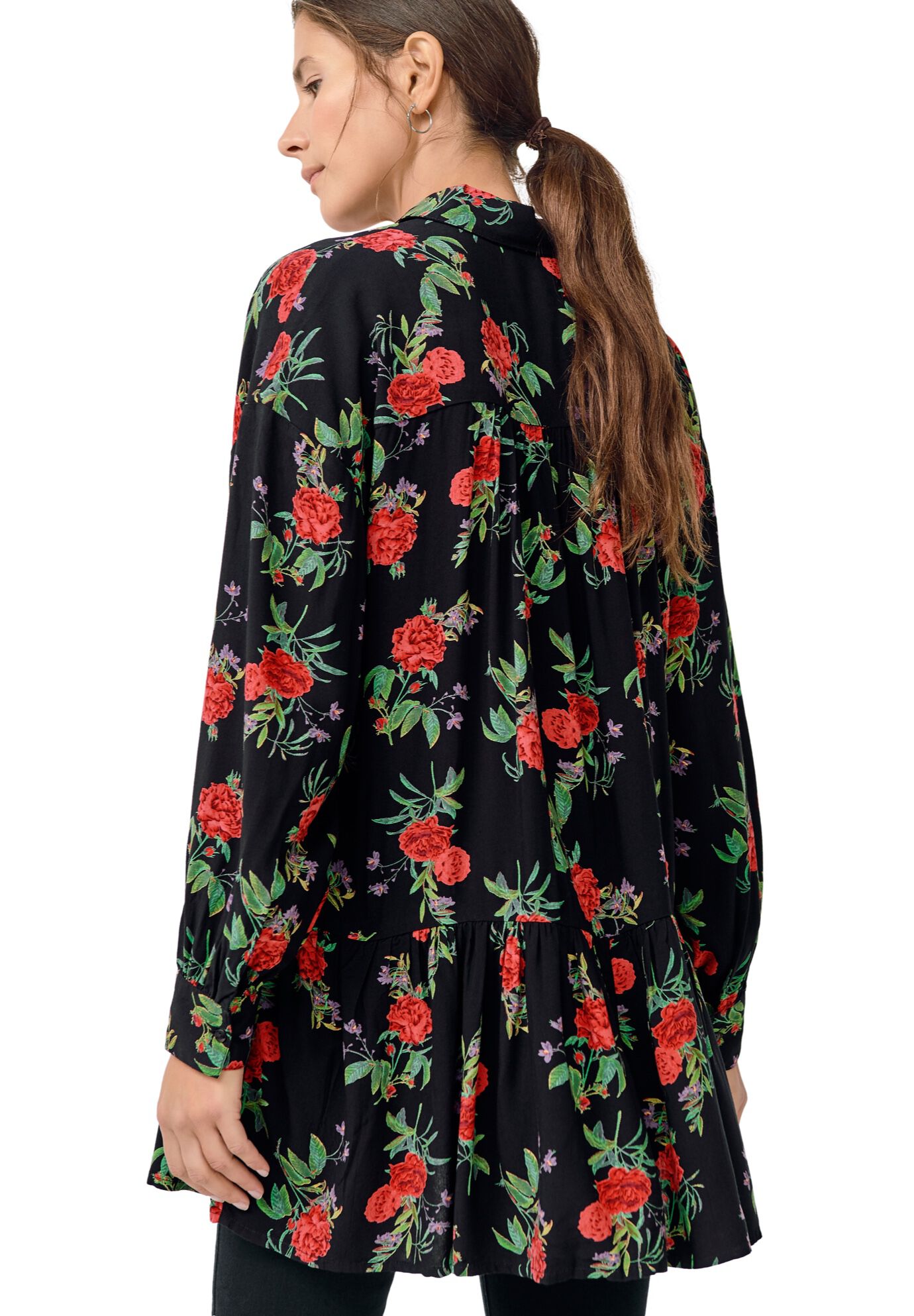 Button Front Peplum Tunic, BLACK RED FLORAL, on-hover image number 1