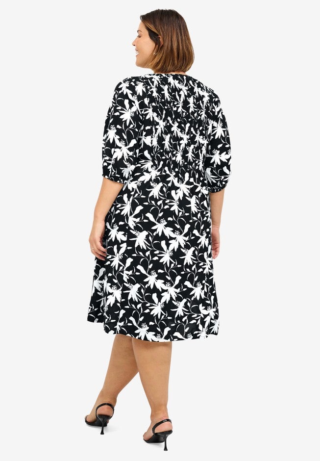 V-Neck A-line Dress with Smocked Bodice, BLACK WHITE PRINT, on-hover image number null