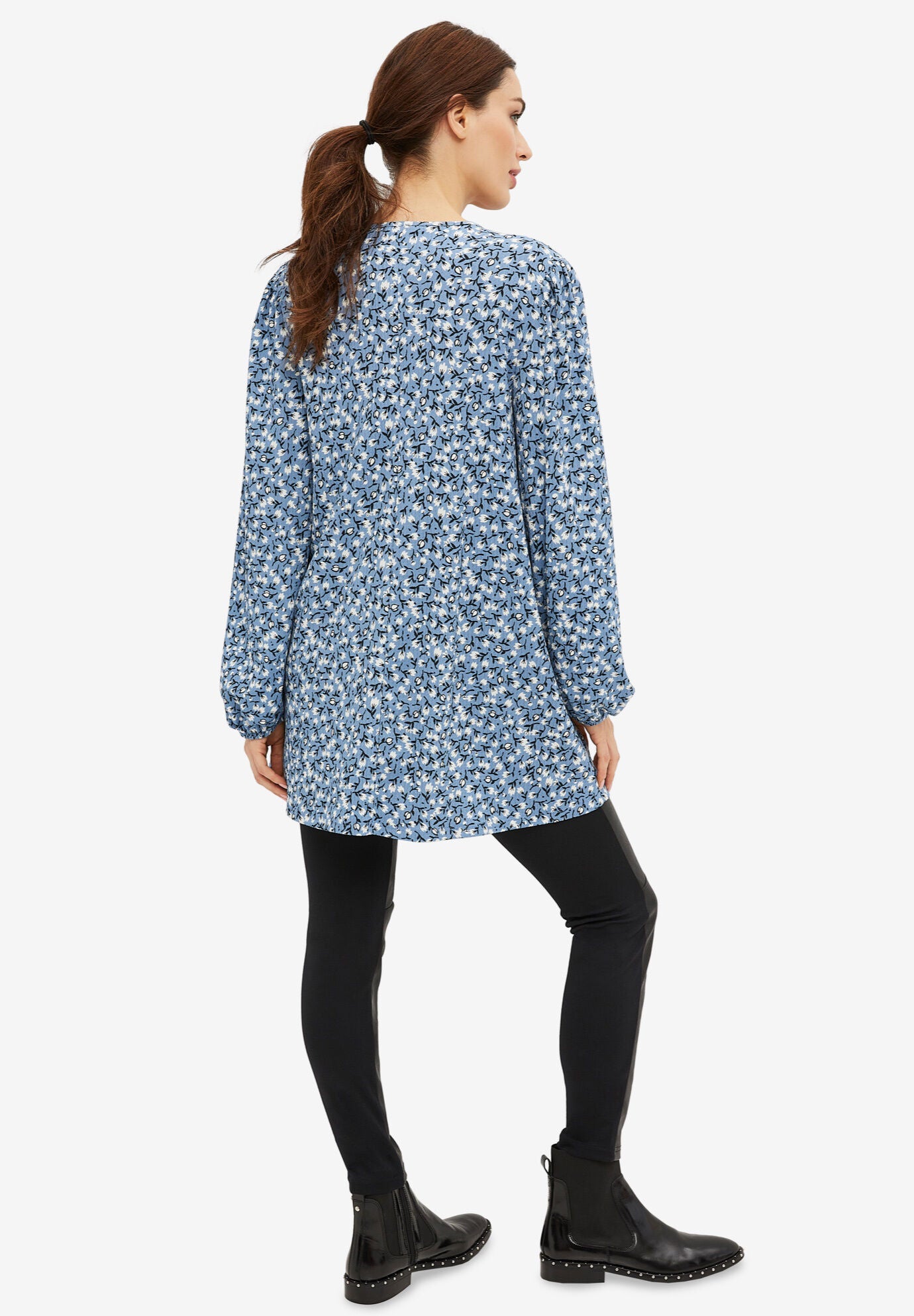 Inverted Pleat Textured Knit Tunic With Blouson Sleeves, BLUE SHADOW DITSY FLORAL, on-hover image number 1