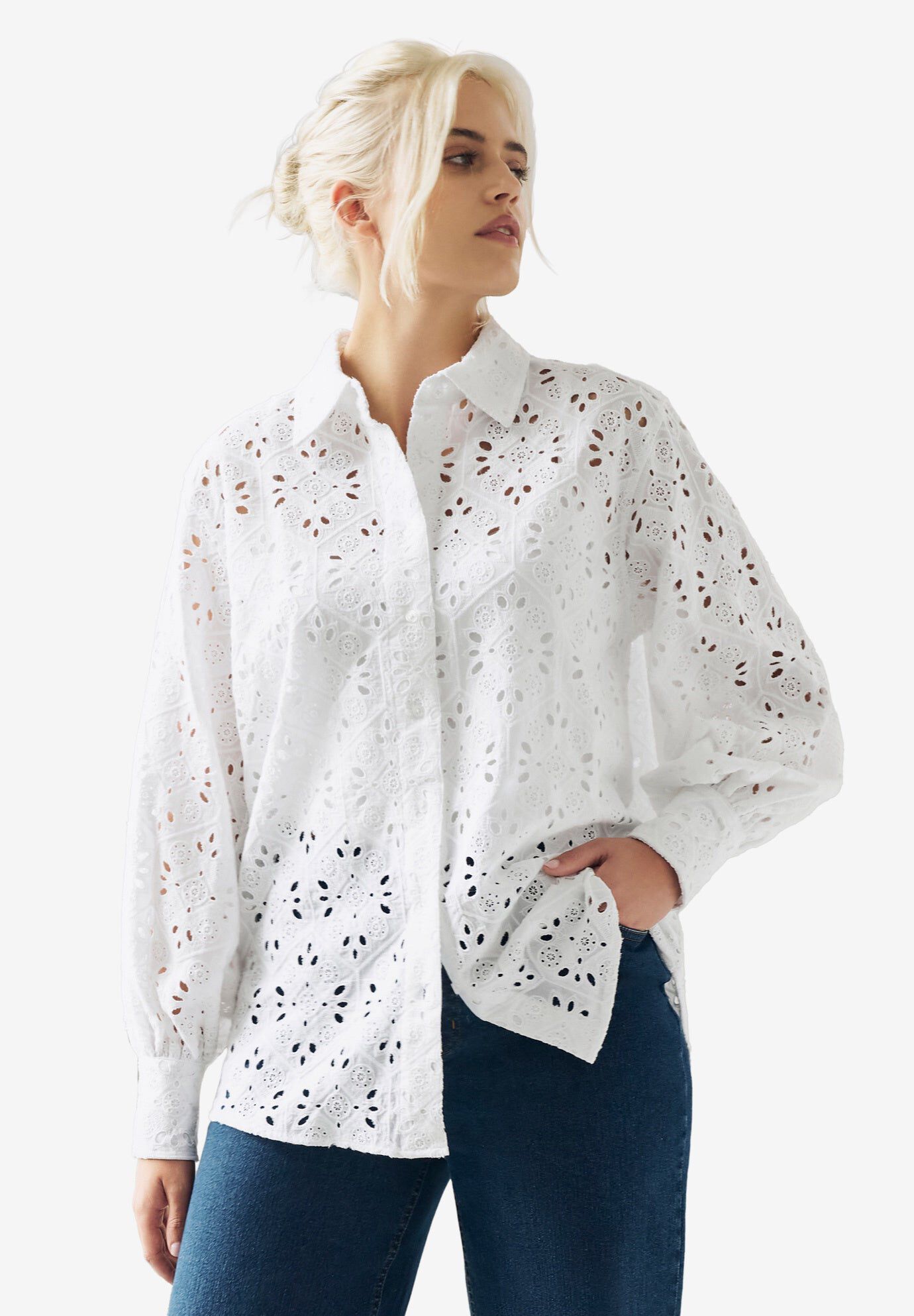 Eyelet Button Front Shirt With Blouson Sleeves, WHITE, hi-res image number 0