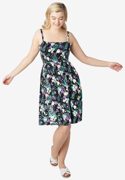 Smocked Bodice Tank Dress, BLACK FLORAL, hi-res image number null