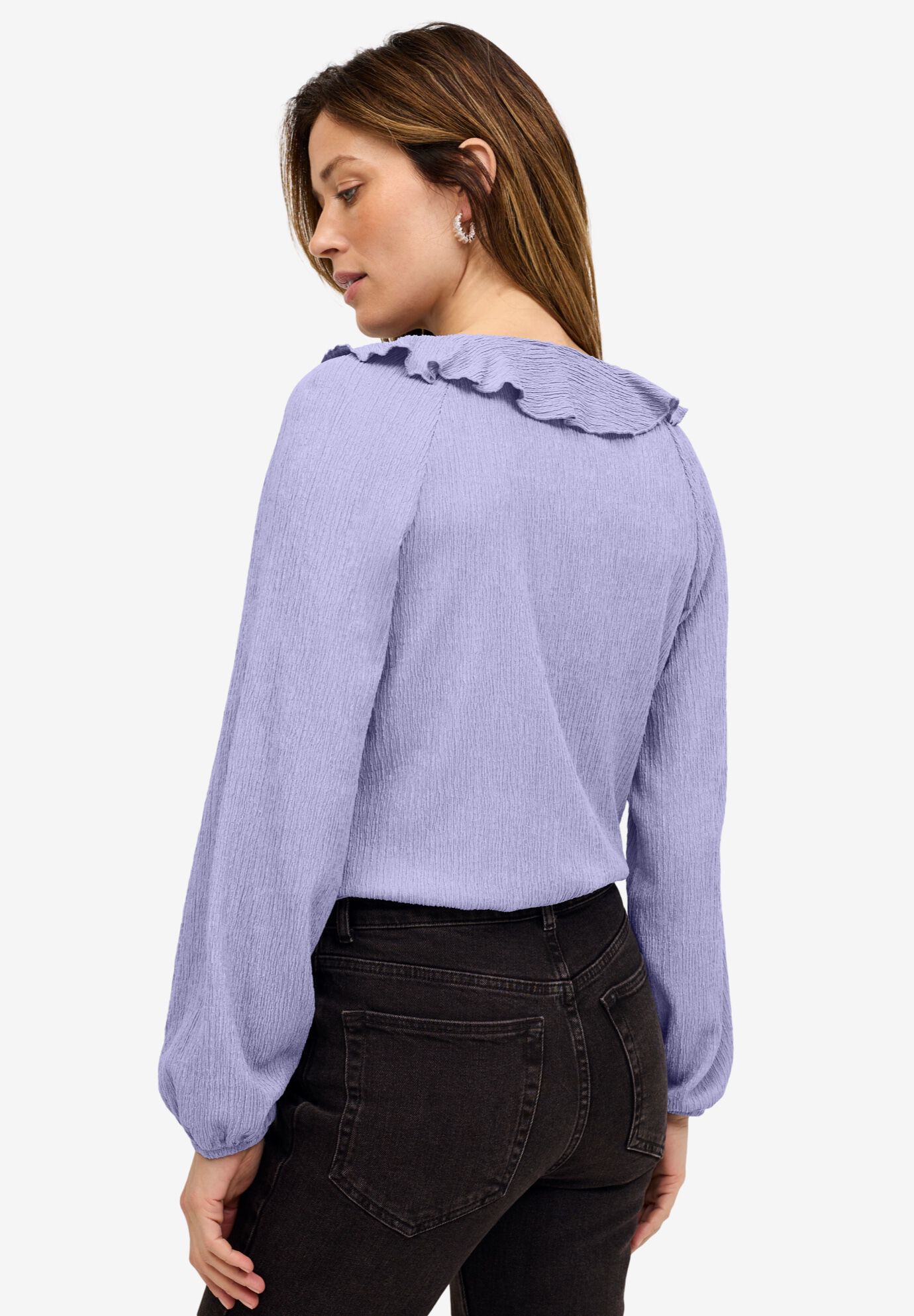 Stretch Textured Knit V-neck Ruffle Front Top, LAVENDER, on-hover image number 1
