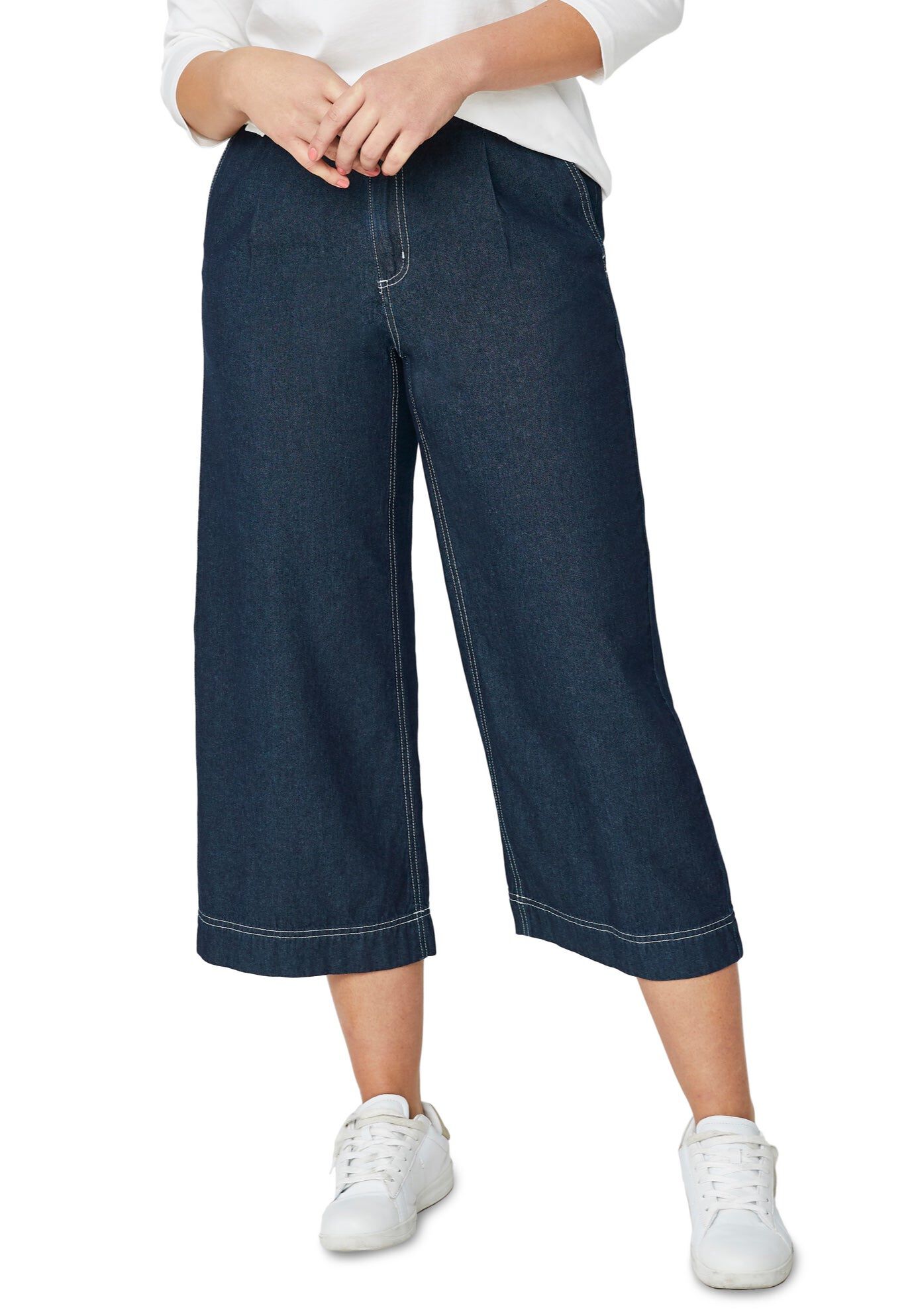 Lightweight Wide-Leg Crop Mid-Rise Elastic Waist Jeans
