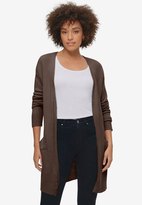 Long Open Cardigan With Pockets, CHOCOLATE HEATHER, hi-res image number null