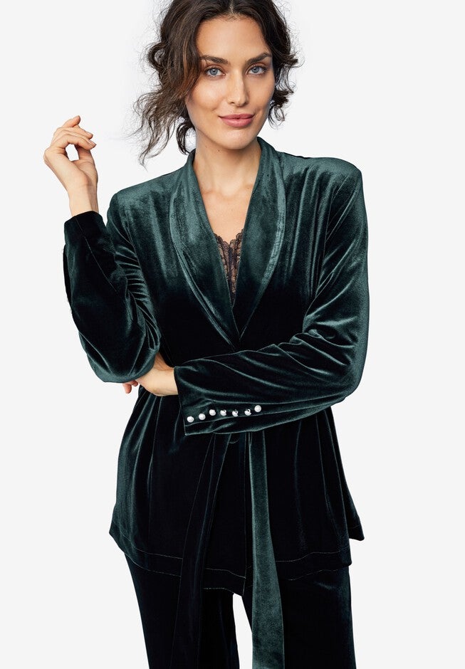 Velvet Belted Blazer, DEEP EMERALD, hi-res image number null