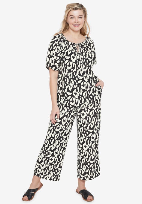 Cropped Soft Pants, BLACK IVORY PRINT, hi-res image number null