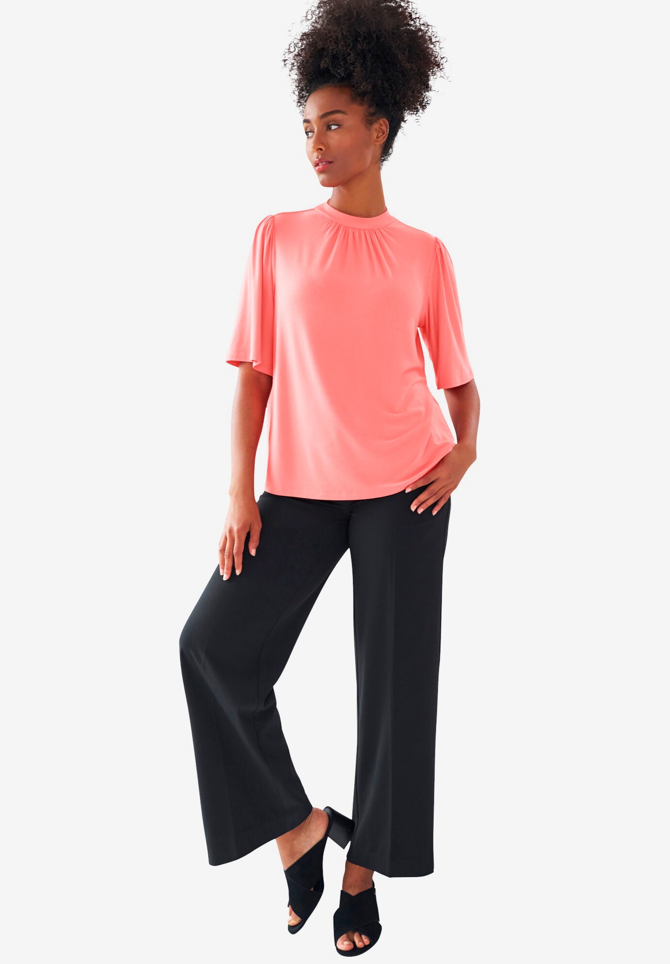 Flutter Sleeve Mock Neck Tee, SWEET CORAL, hi-res image number 0