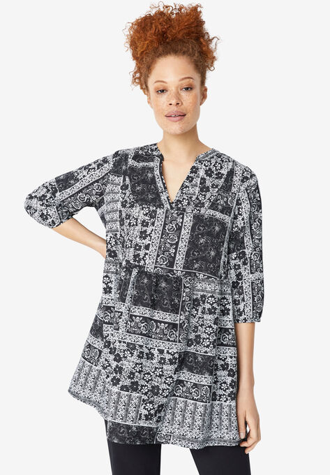 Patchwork Print Peplum Tunic, BLACK WHITE PATCHWORK, hi-res image number null