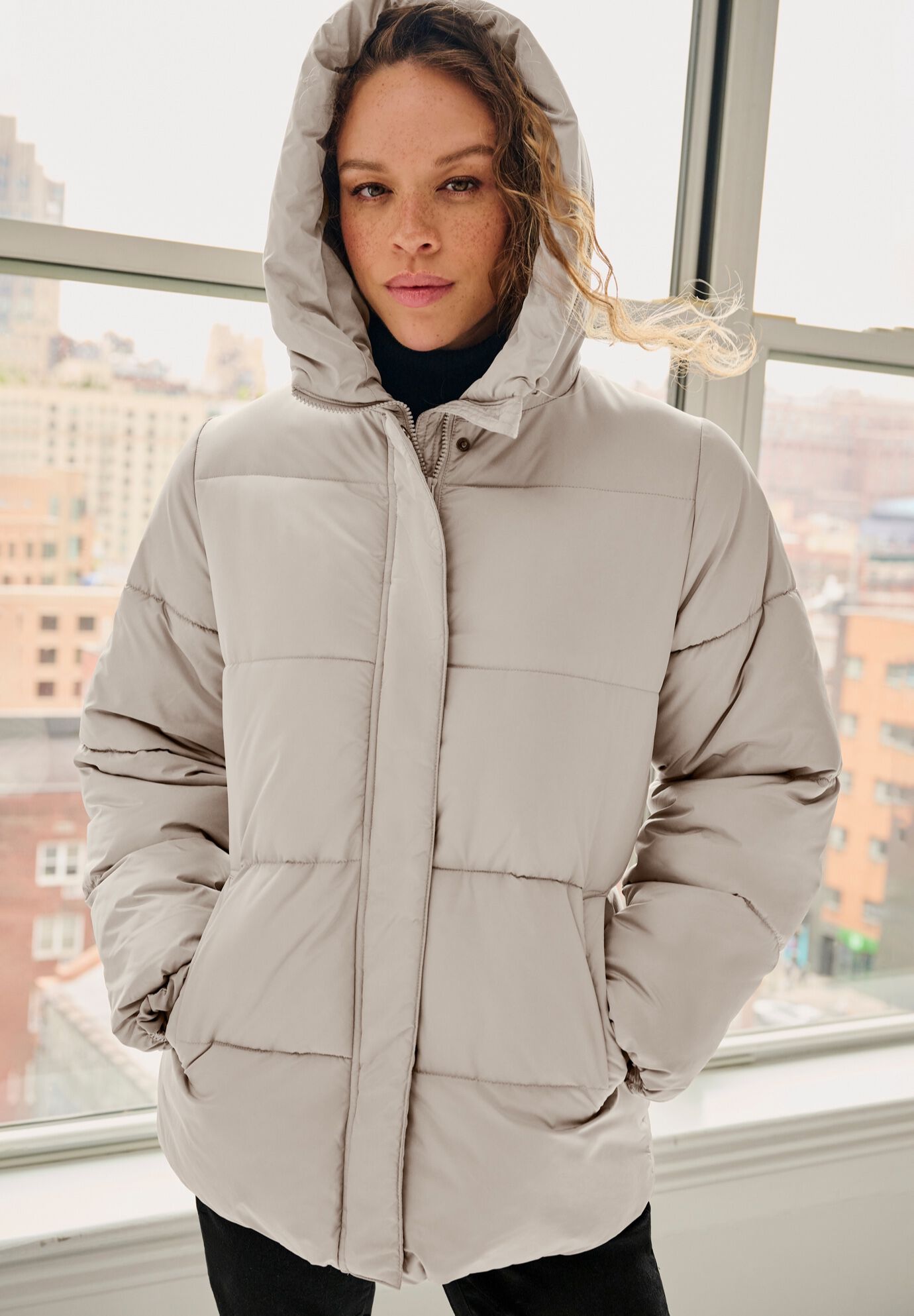 Hooded Drawstring Puffer, TAUPE GREY, alternate image number 3