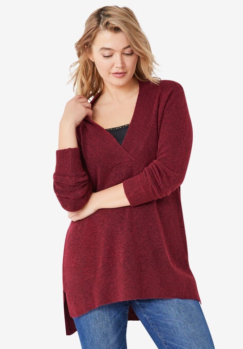 Hi-Lo V-Neck Pullover, DEEP BURGUNDY, hi-res image number null