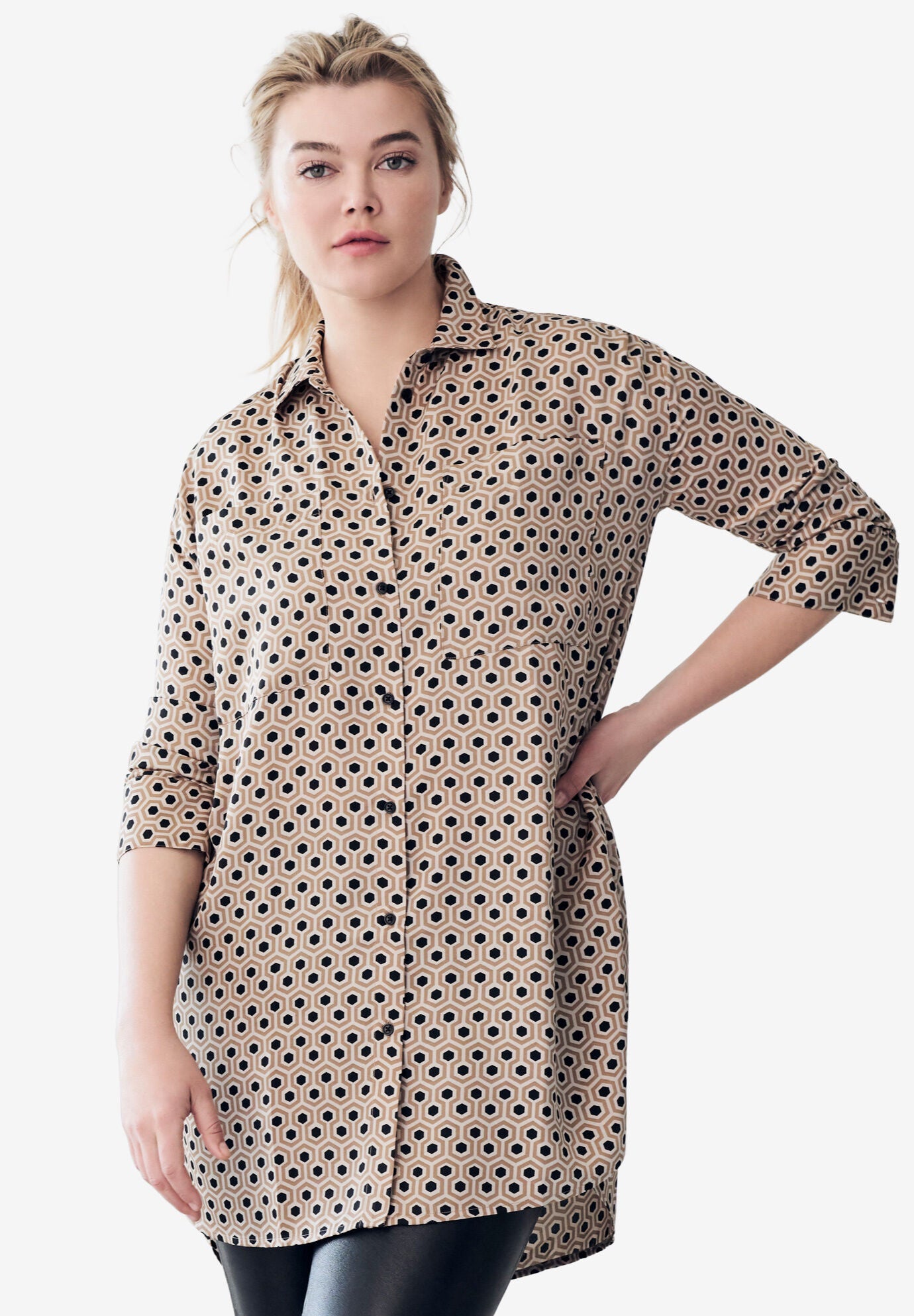 Hi-Lo Button Front Satin Tunic, BEIGE GEO PRINT, hi-res image number 0
