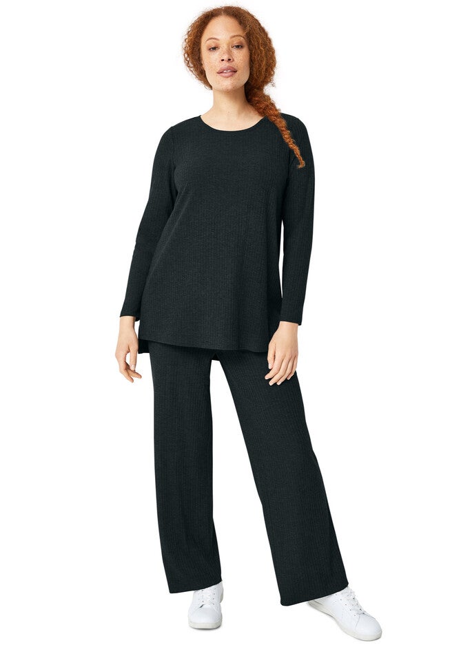 Ribbed Wide Leg Knit Pants, HEATHER CHARCOAL, hi-res image number null