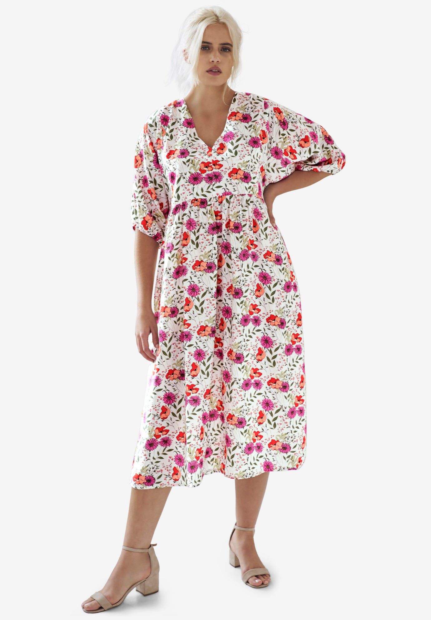 Blouson Sleeve Empire Midi Dress, WHITE MULTI FLORAL, hi-res image number 0