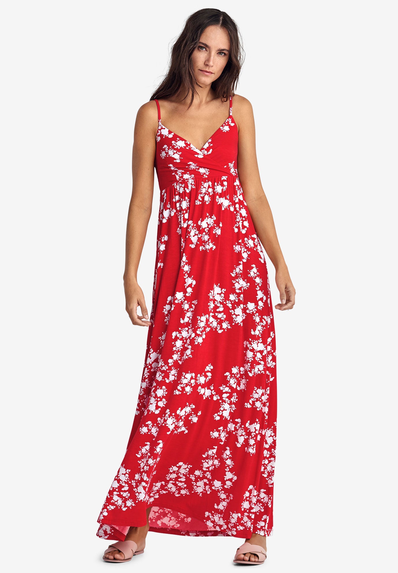 Ladies Knit Surplice Maxi Dress Hot Red White Floral Jessica London