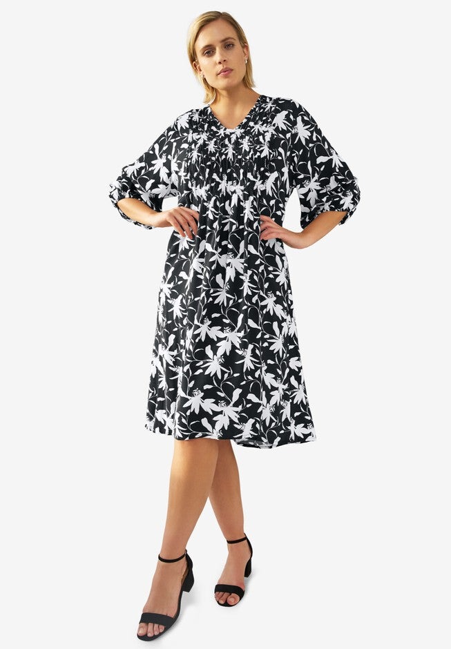 V-Neck A-line Dress with Smocked Bodice, BLACK WHITE PRINT, hi-res image number null