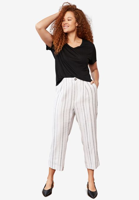 Straight Leg Cropped Linen Trousers, WHITE BLACK STRIPE, hi-res image number null