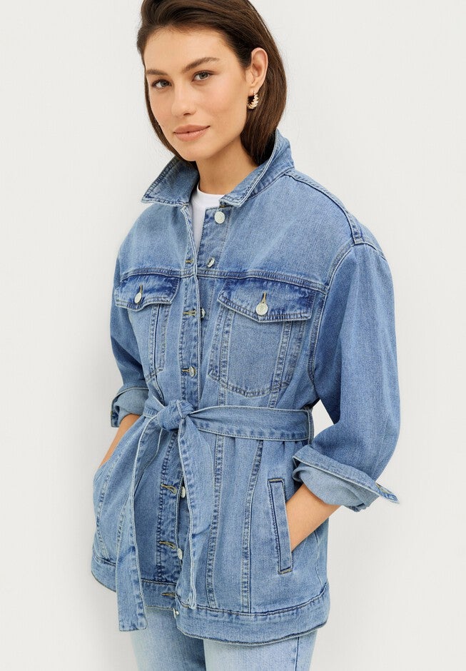 Belted Denim Jacket, MEDIUM STONEWASH, hi-res image number null