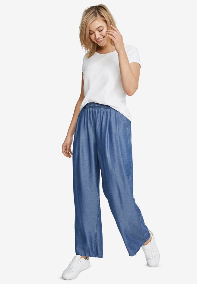 Wide Leg Elastic Waist Denim Pants, DARK STONEWASH, hi-res image number null