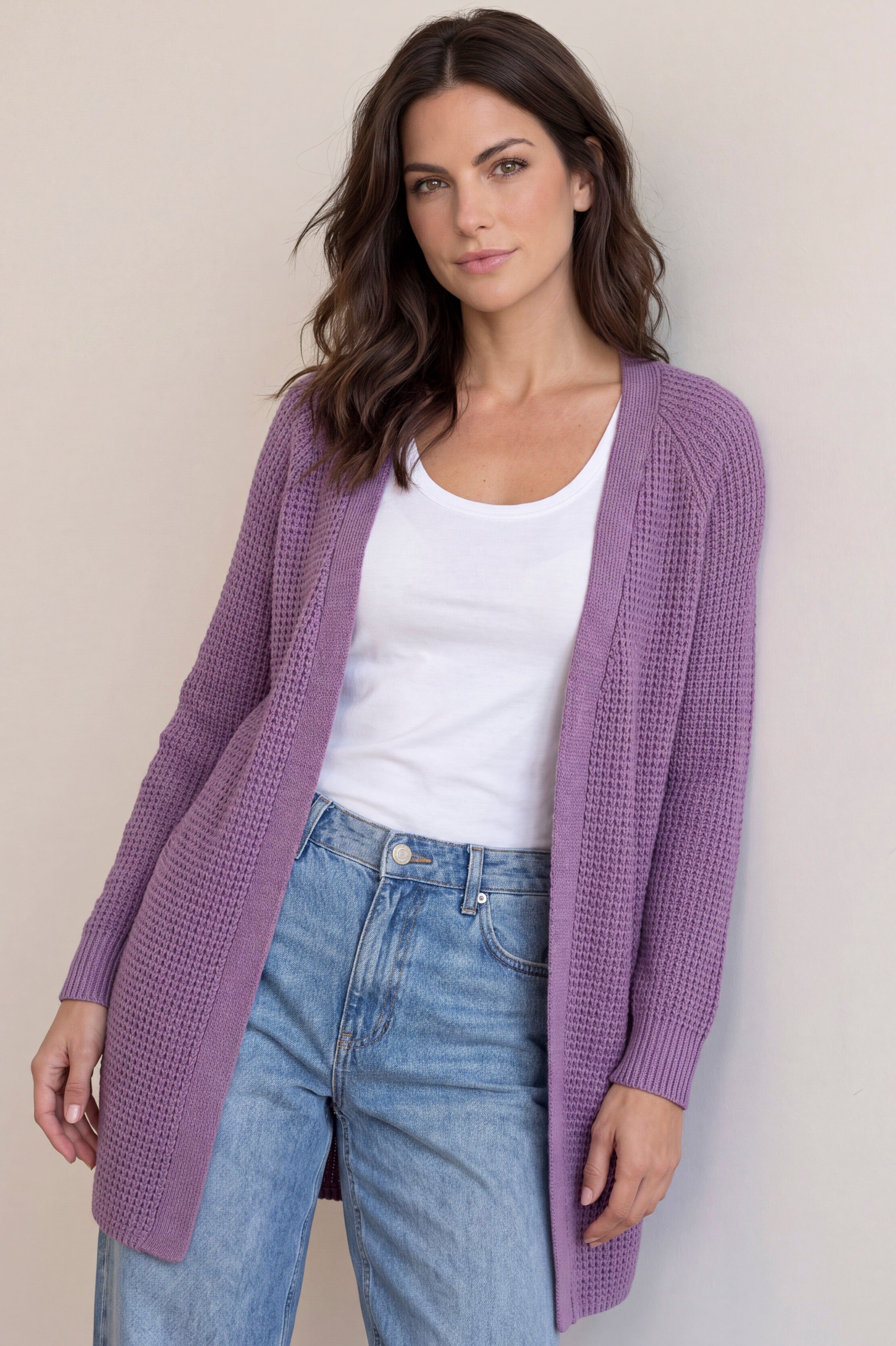 Soft Waffle-Knit Long Cardigan