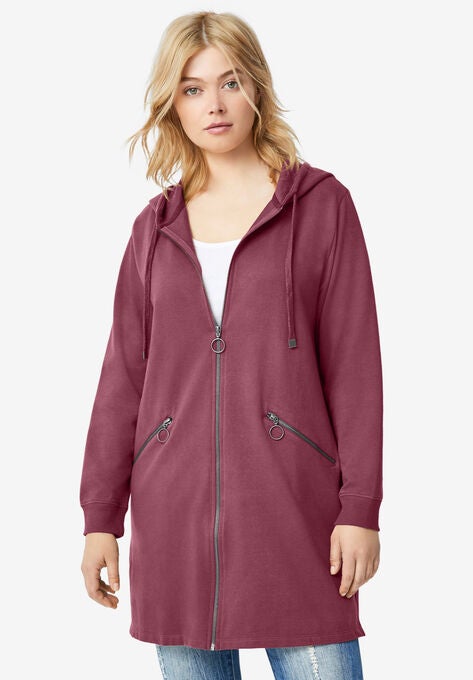 Zip-Front Hoodie With Zip Pockets, BURGUNDY ROSE, hi-res image number null