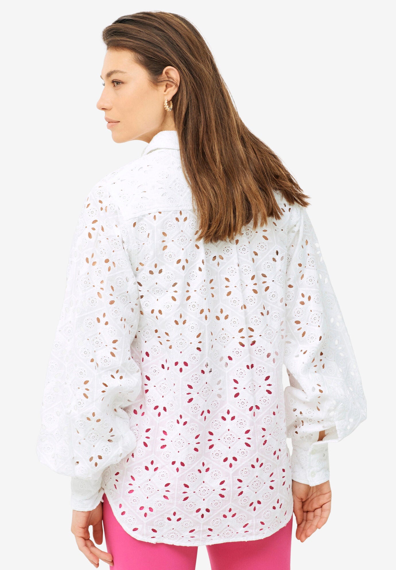 Eyelet Button Front Shirt With Blouson Sleeves, WHITE, on-hover image number 1