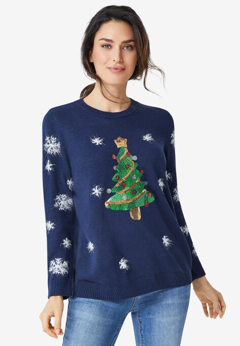 Embellished Holiday Pullover Sweater, NAVY, hi-res image number null