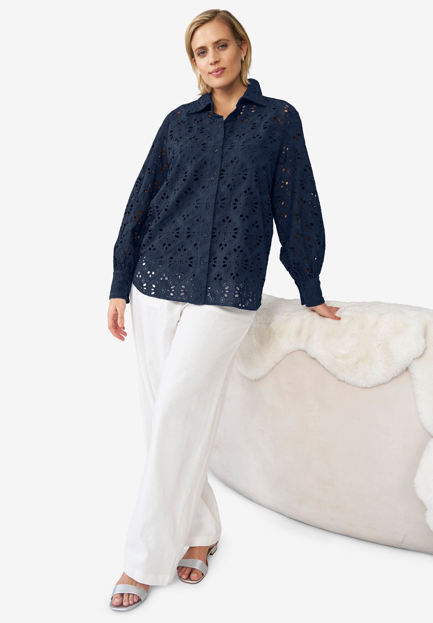 Eyelet Button Front Shirt With Blouson Sleeves, , alternate image number 4