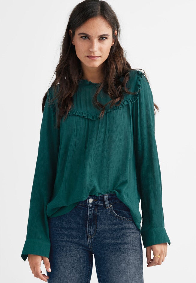 Ruffle-Trim Crinkle Blouse, EVERGREEN, hi-res image number 0