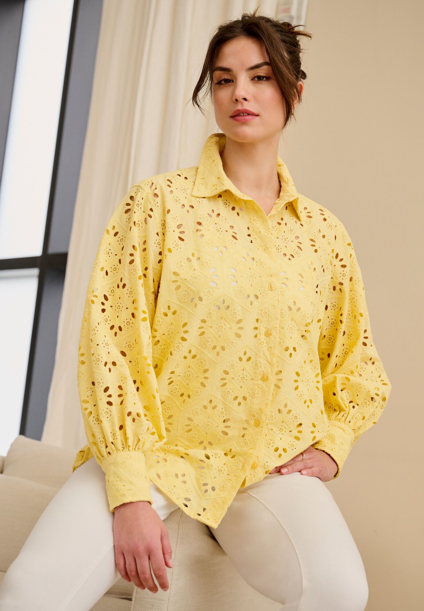 Eyelet Button Front Shirt With Blouson Sleeves, , alternate image number 3
