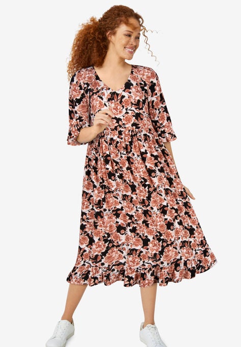 Empire V-Neck Ruffled Dress, BLACK ROSE PRINT, hi-res image number null