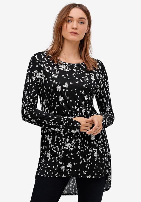 Slit Hem High Low Tunic, BLACK WHITE FLORAL, hi-res image number null
