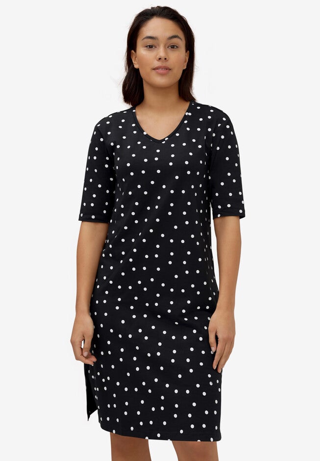 V-Neck Short Sleeve Sleepshirt, BLACK WHITE DOT, hi-res image number null