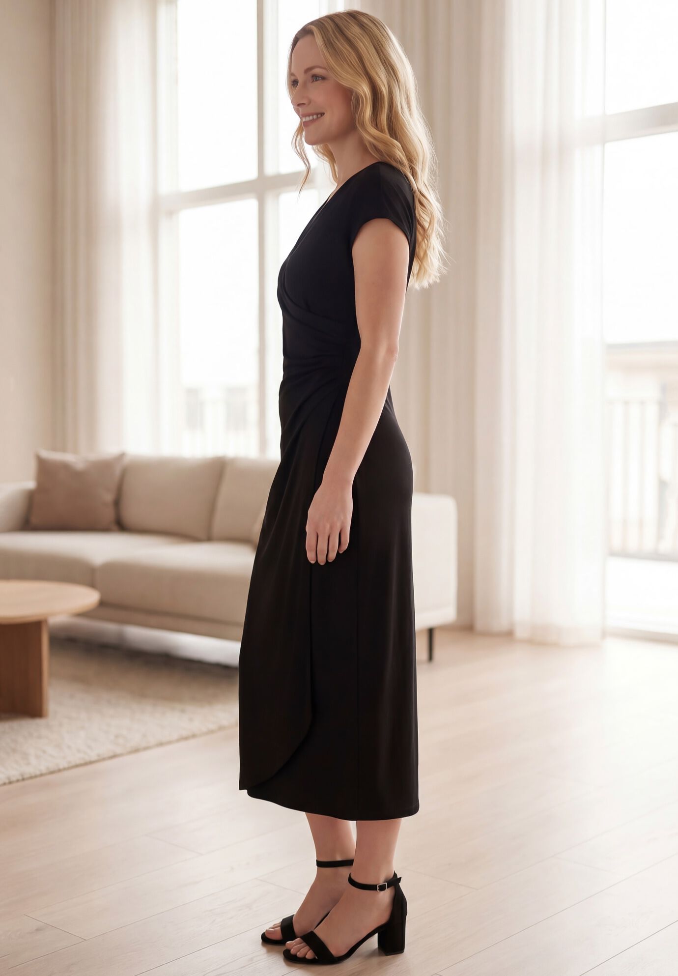 Ruched A-Line Knit Midi Dress, BLACK, alternate image number 2
