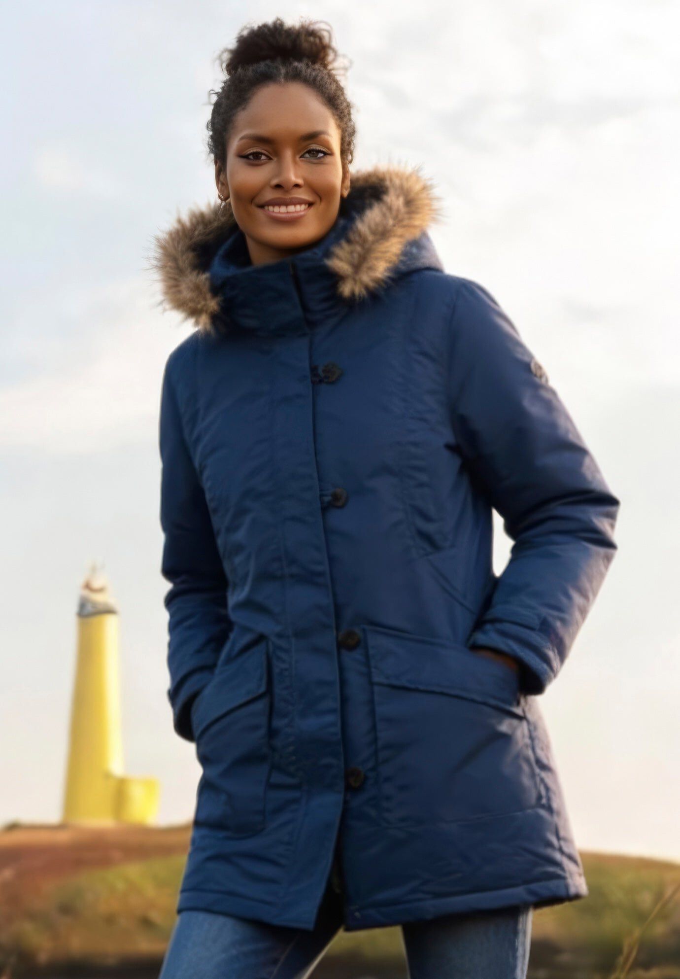 Faux Fur Trim Two-Way Zip-Front Mid-Length Parka