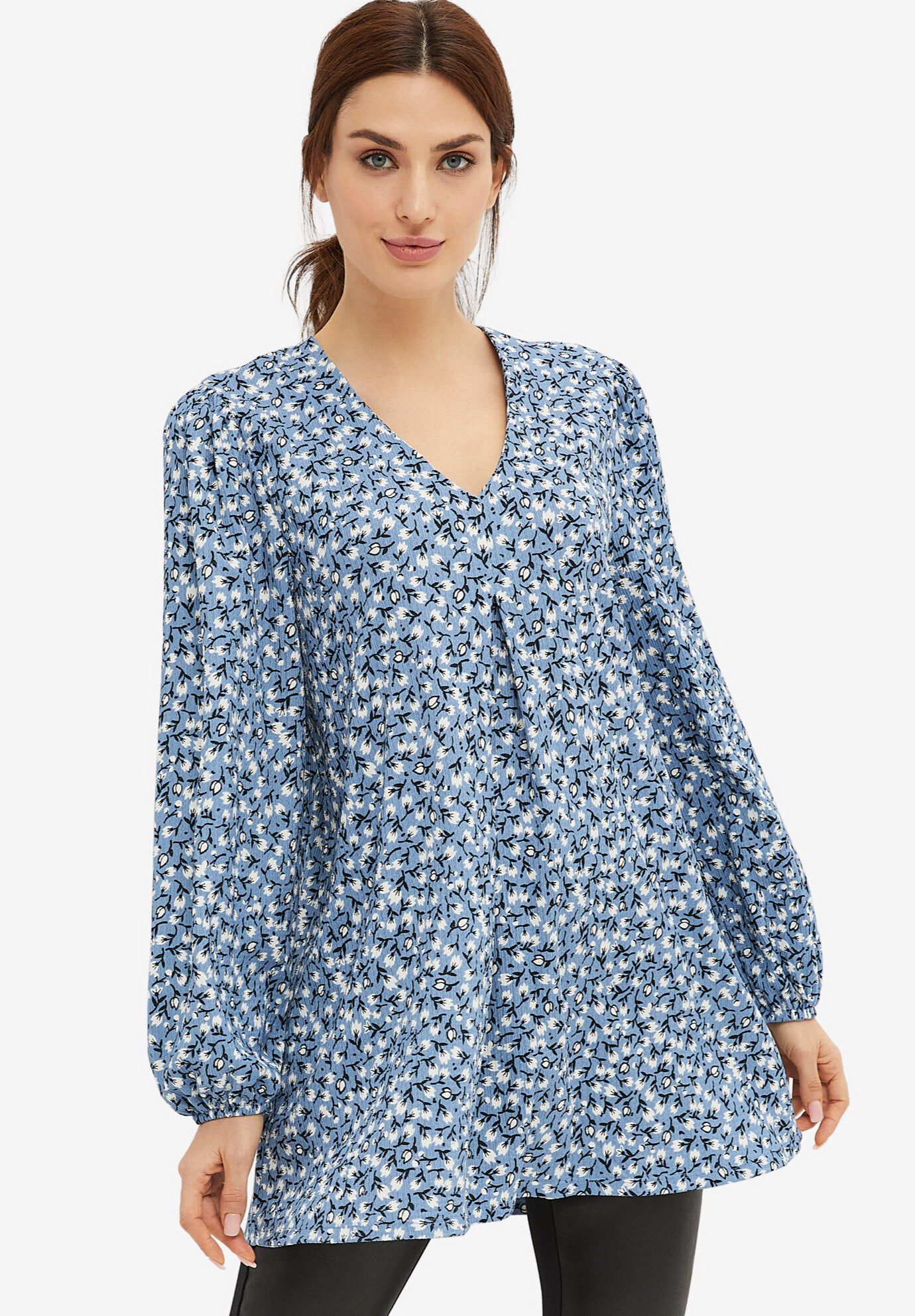 Inverted Pleat Textured Knit Tunic With Blouson Sleeves, BLUE SHADOW DITSY FLORAL, hi-res image number 0