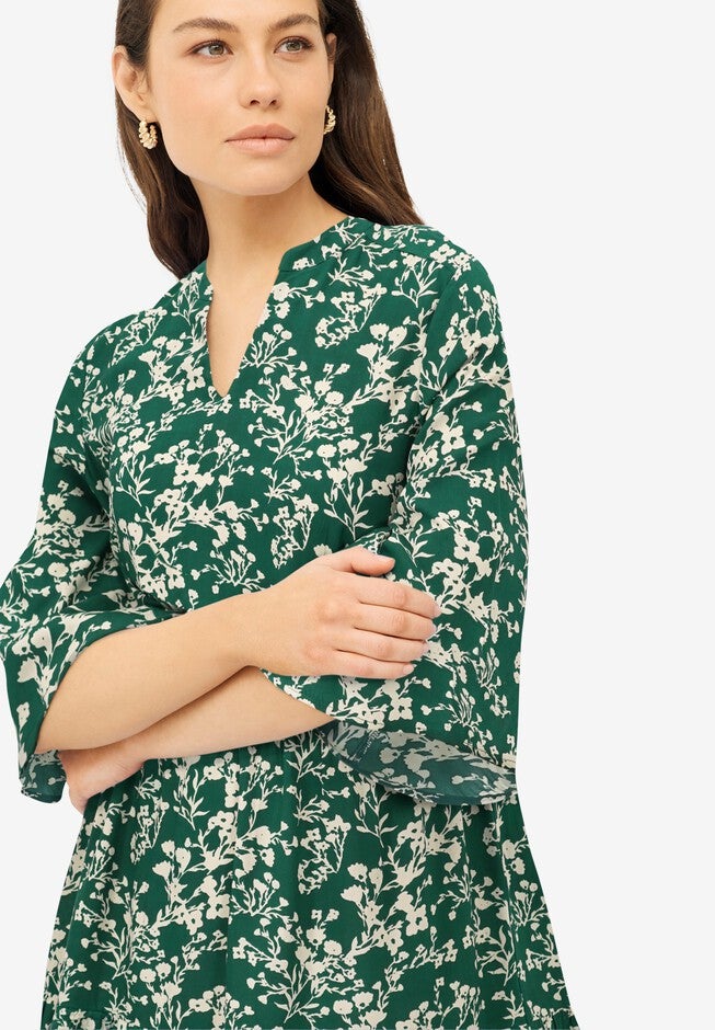 Notch Neckline Tiered A-Line Dress, ROYAL GREEN IVORY FLORAL, alternate image number null