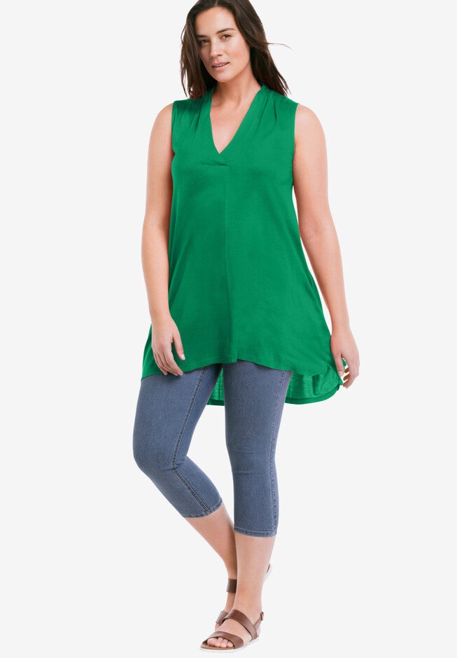 Crossover V-Neck Sleeveless Tunic, KELLY GREEN, hi-res image number 0