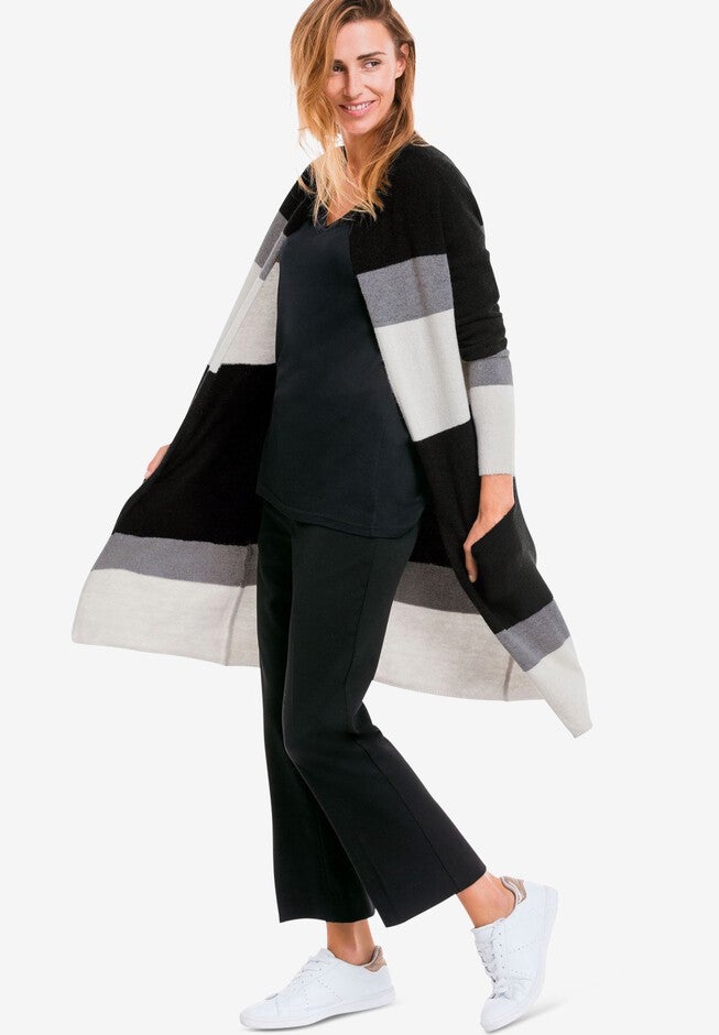 Striped Open Cardigan Sweater, BLACK STRIPE, hi-res image number 0