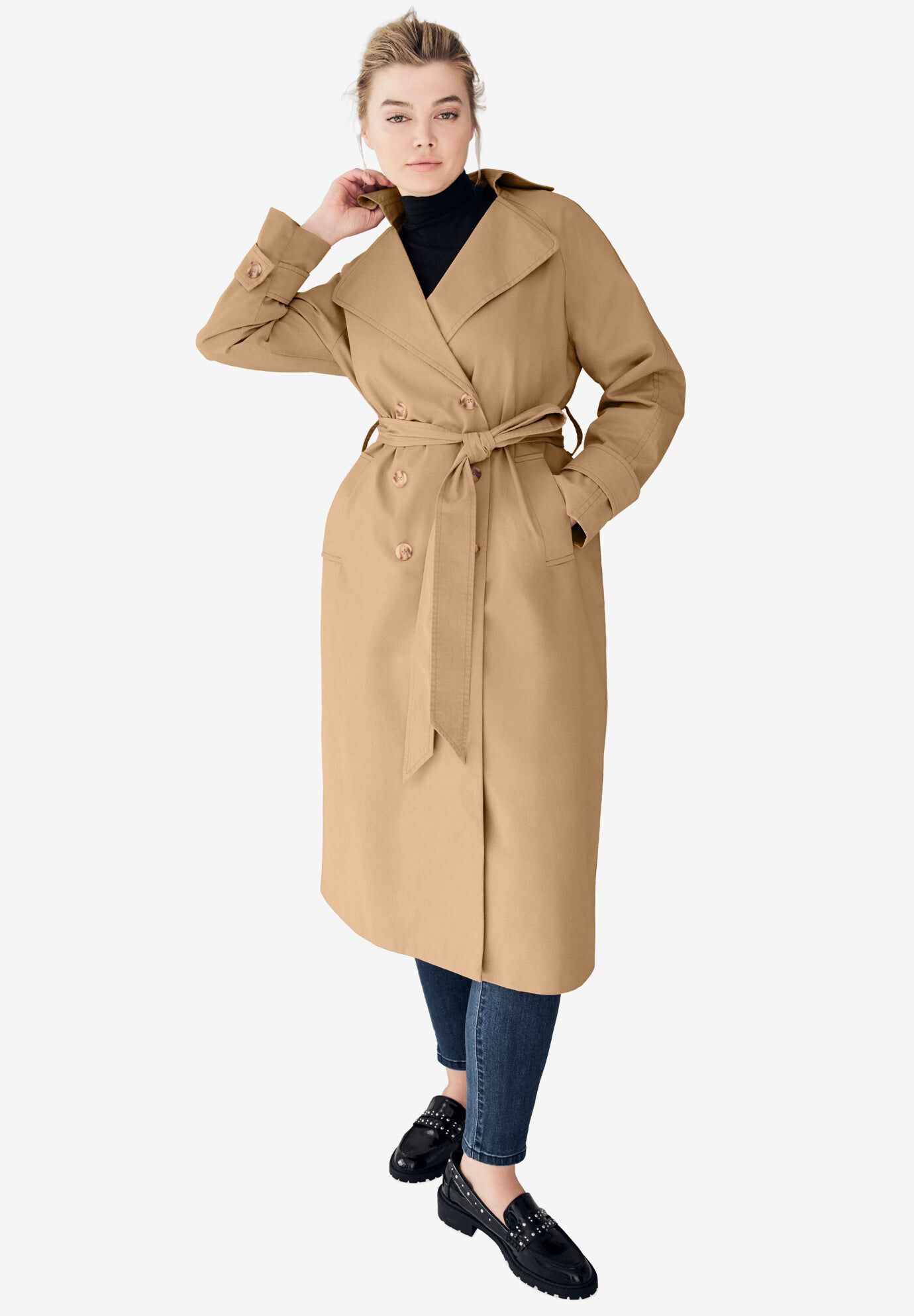 Double-Breasted Belted Trench Raincoat, SOFT CAMEL, hi-res image number 0