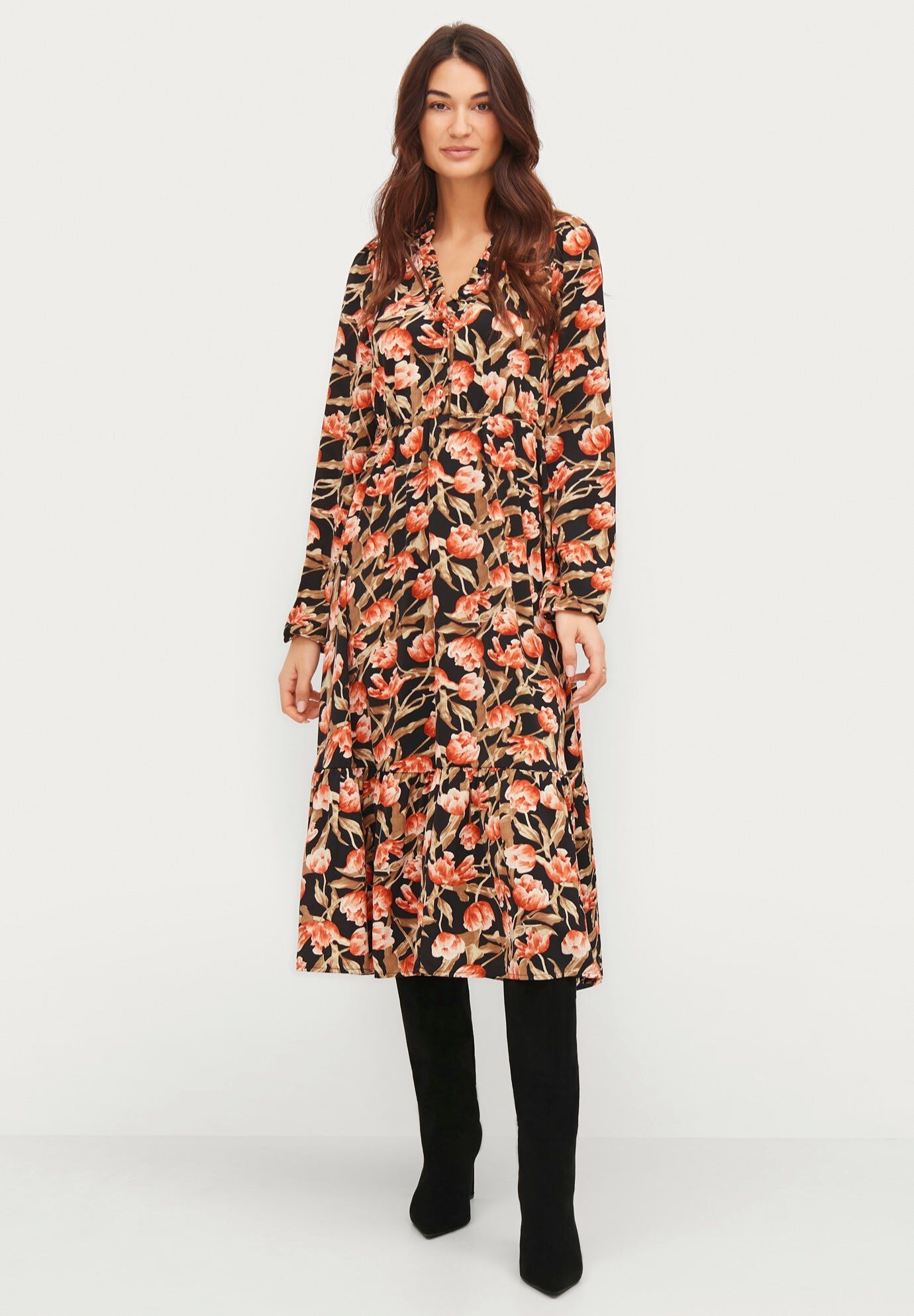 Button Bodice Empire Fit & Flare Dress, BLACK TULIP PRINT, hi-res image number 0
