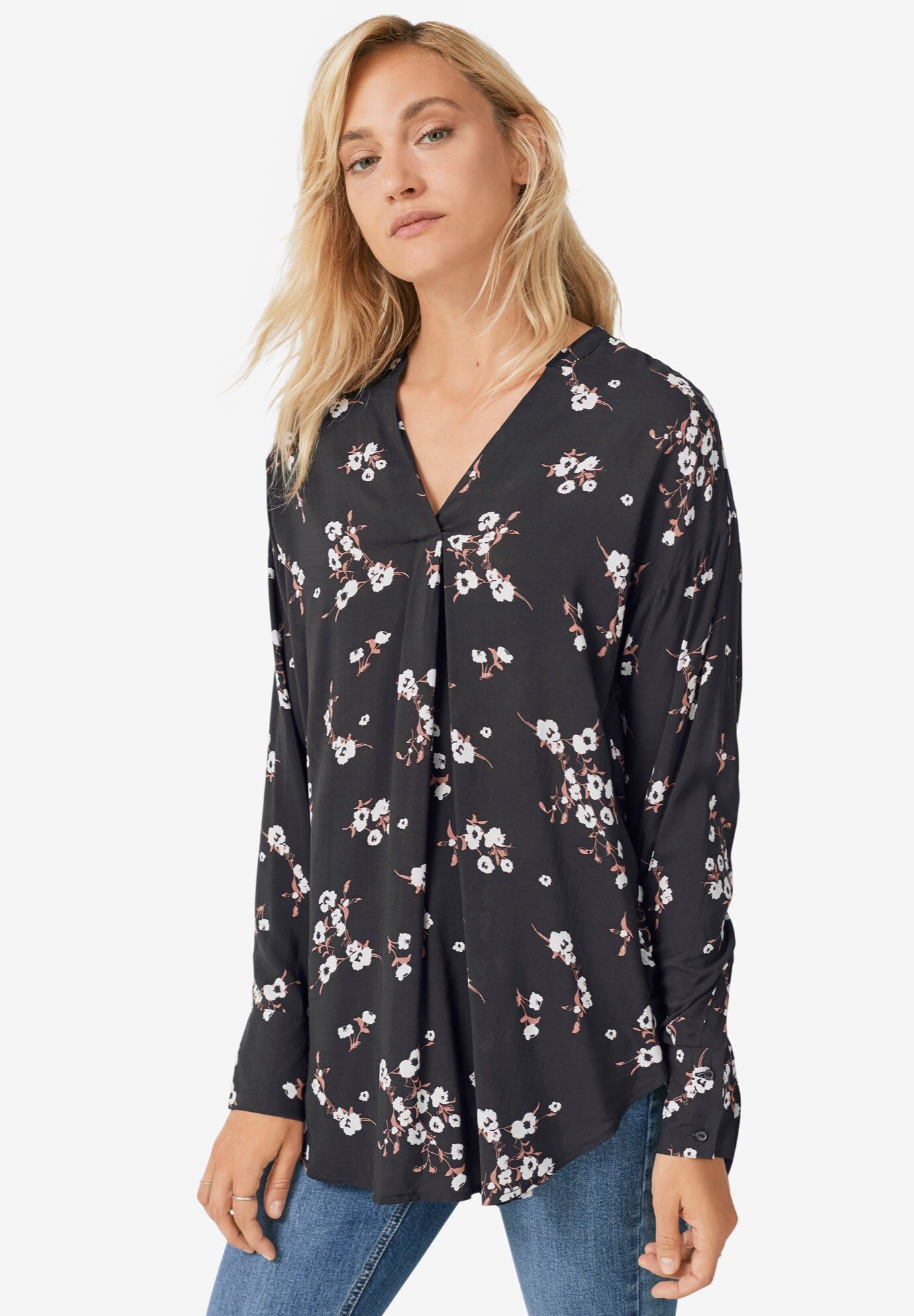 Notch V-Neck Tunic, BLACK WHITE FLORAL, hi-res image number 0