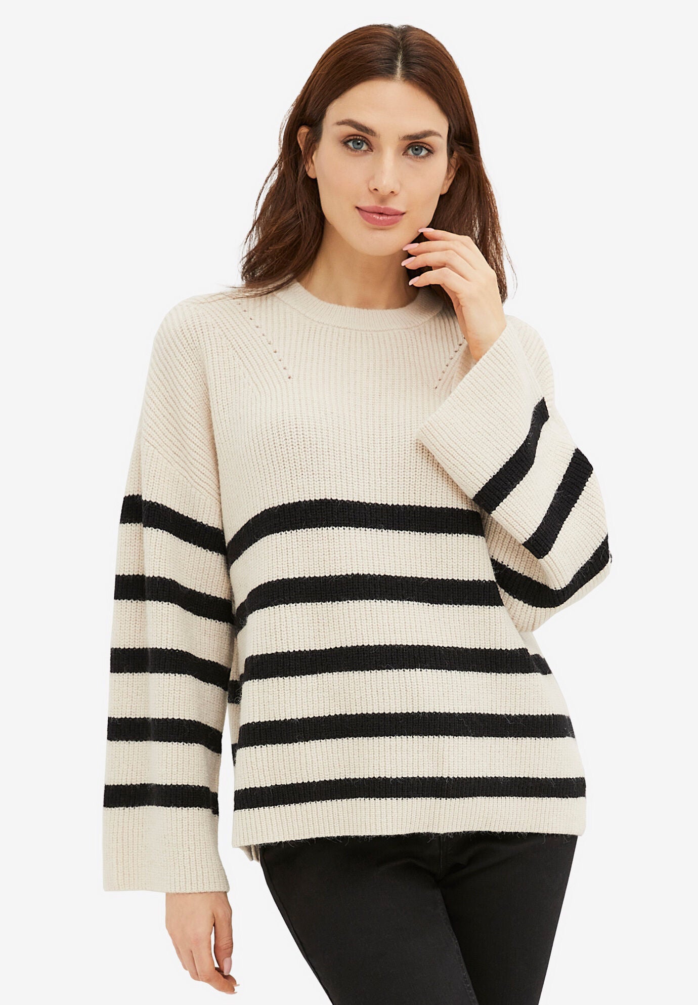 Striped Wide Sleeve Pullover, STONE BLACK STRIPE, hi-res image number 0