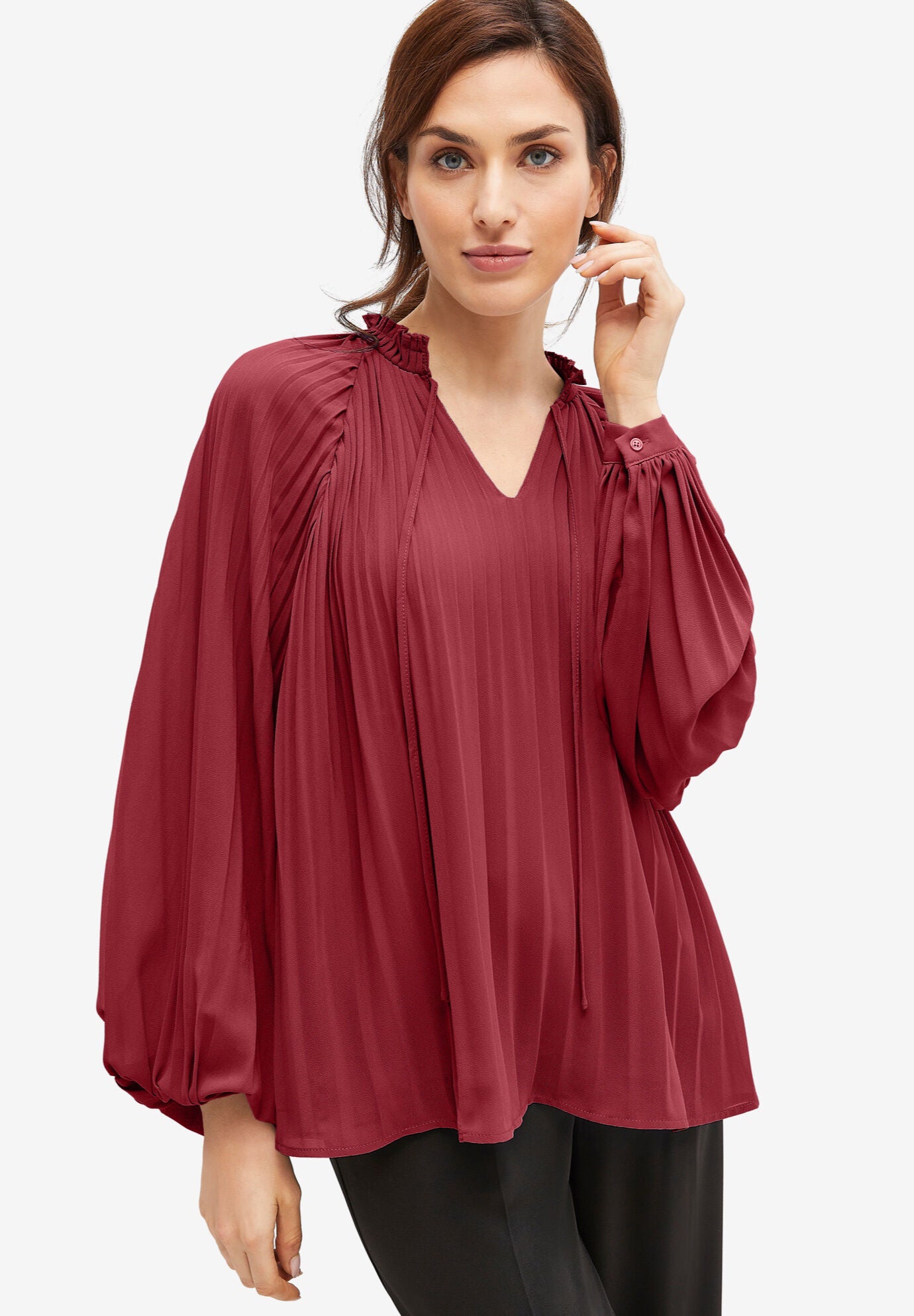 Pleated Full Sleeve Blouse, BURGUNDY, hi-res image number 0